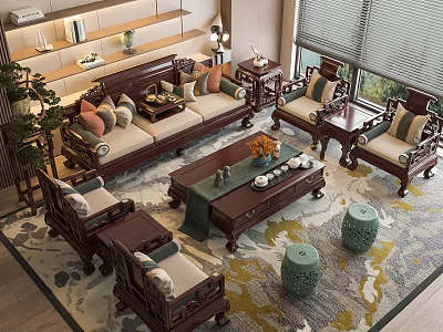Traditional Chinese Living Room Sofa And Coffee Table Set With Cushions And Decorative Rug 3d model