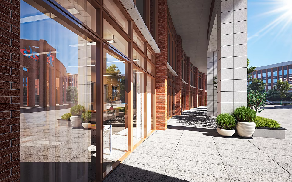 Modern School Building Exterior With Glass Walls Red Brick Columns Green Plants And Spacious Walkway 3d model 