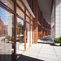 Modern School Building Exterior With Glass Walls Red Brick Columns Green Plants And Spacious Walkway