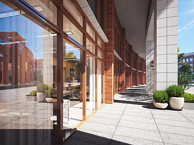 Modern School Building Exterior With Glass Walls Red Brick Columns Green Plants And Spacious Walkway 3d model