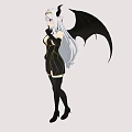 Anime Woman With Black Wings Silver Long Hair Crown Black Dress Stockings And Tail
