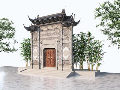 Traditional Chinese Scenic Wall with Classic Roof Wooden Door and Bamboo Trees 3d model