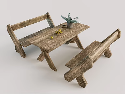 Rustic Wooden Table And Bench Set With Plant And Fresh Fruits 3d model