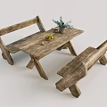 Rustic Wooden Table And Bench Set With Plant And Fresh Fruits