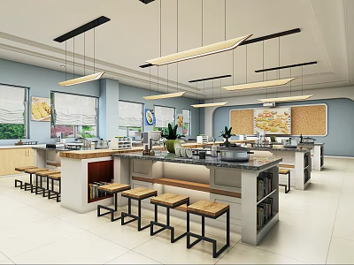 Modern School Cafeteria Interior Design With Long Tables Wooden Stools And Hanging Lights 3d model