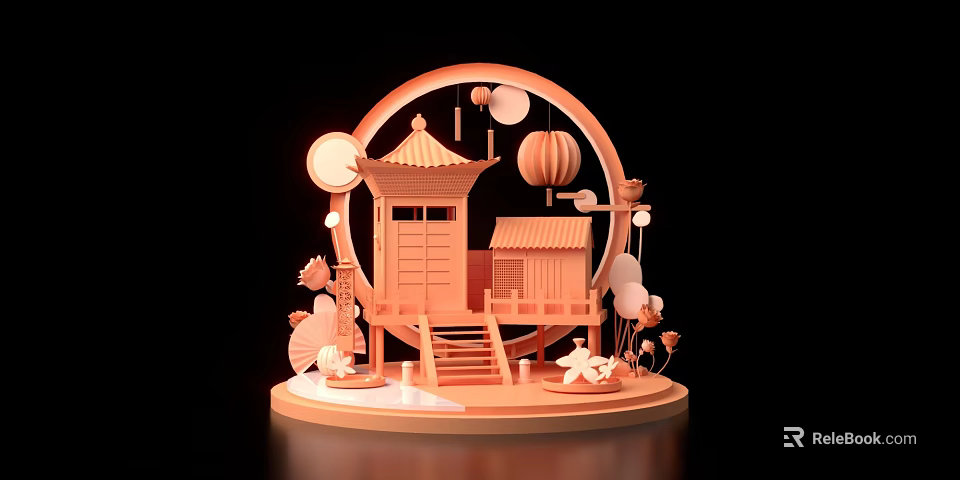 Chinese Traditional 3D Decorative Model Featuring Circular Frame Pagoda Lantern And Moon 3d model