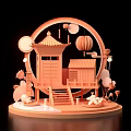 Chinese Traditional 3D Decorative Model Featuring Circular Frame Pagoda Lantern And Moon 3d model