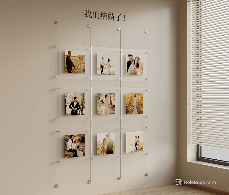 Wedding Photos Wall Display With Arranged Frames And Home Decor 3d model 