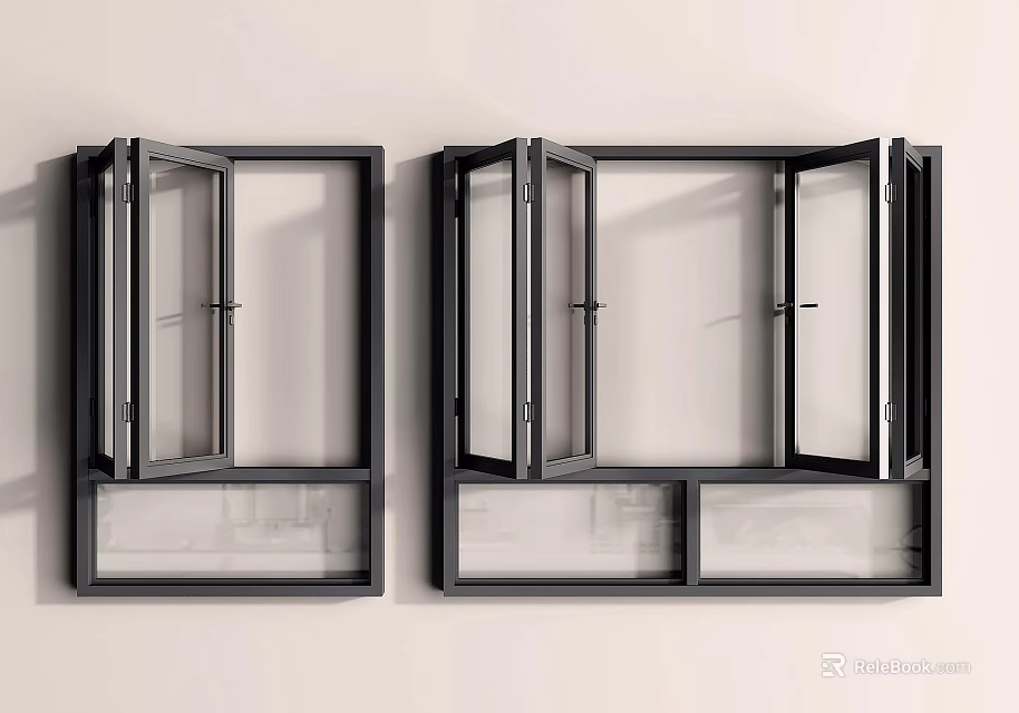 Modern Black Folding Windows With Open Panels And Sleek Frames 3d model 