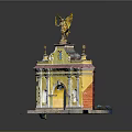 Ancient Yellow Architecture With Golden Eagle Statue On Top And Arched Doorway