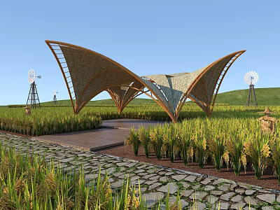 Modern Curved Pavilion In Rice Field With Windmill And Stone Path Under Blue Sky 3d model
