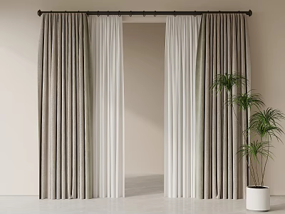 Gray Striped And White Sheer Curtains For Living Room With Potted Plant 3d model