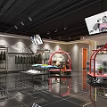 Modern Clothing Store With Red Arched Carts Black Floor Large Windows And Clothing On Racks
