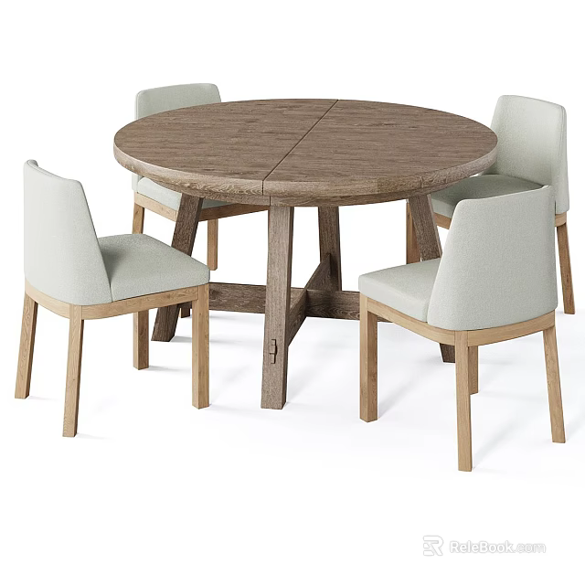 Modern Round Solid Wood Dining Table and Chairs Set with Four Light Upholstered Seats 3d model