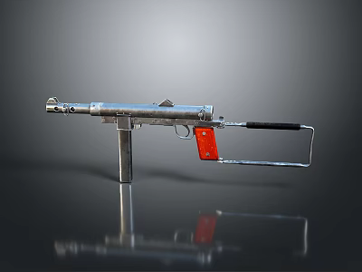 Silver Submachine Gun With Red Magazine Black Grip And Reflective Surface Stand 3d model
