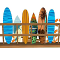 Colorful Surfboards And Decorative Lifebuoys On Wooden Beach Market Display Stand