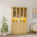 Wooden Bookcase With Glass Doors Open Shelves Closed Cabinets And Green Plant In Living Room