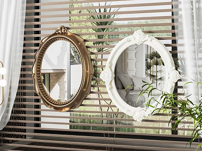 Ornate Gold And White Carved Mirrors By Blinds With Curtains And Plants 3d model