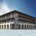 Elegant Modern Sales Office Building With Stone Facade Large Glass Windows Balconies And Open Plaza