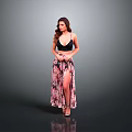 Elegant Women’s Black Top And Pink Printed Long Skirt With Side Slit Design