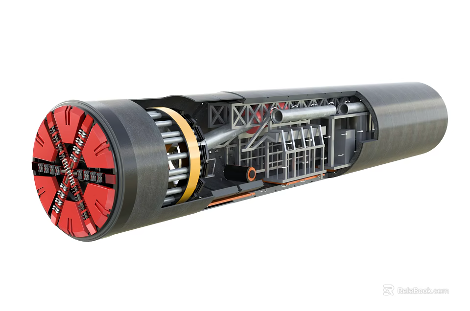 Industrial Equipment Tunnel Boring Machine With Internal Mechanical Structure And Components 3d model 
