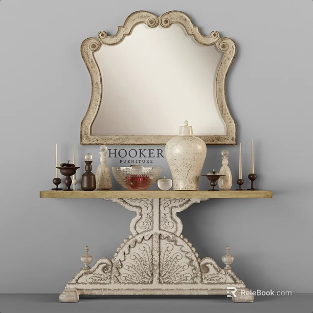 Carved Dining Table With Mirror Candlesticks Vase Bowl And Small Bottles 3d model 
