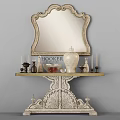 Carved Dining Table With Mirror Candlesticks Vase Bowl And Small Bottles