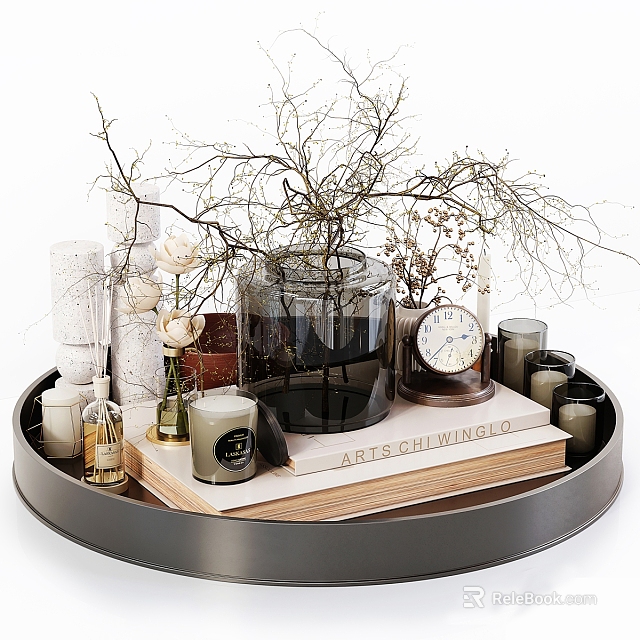 Elegant Decorative Ornament Set With Candles Books Clock Dried Branches And White Roses On Tray 3d model 