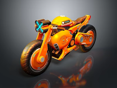 Orange and Yellow Futuristic Motorcycle Featuring Blue Headlight Red Seat and Stylish Mechanical Wheels 3d model