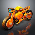 Orange and Yellow Futuristic Motorcycle Featuring Blue Headlight Red Seat and Stylish Mechanical Wheels
