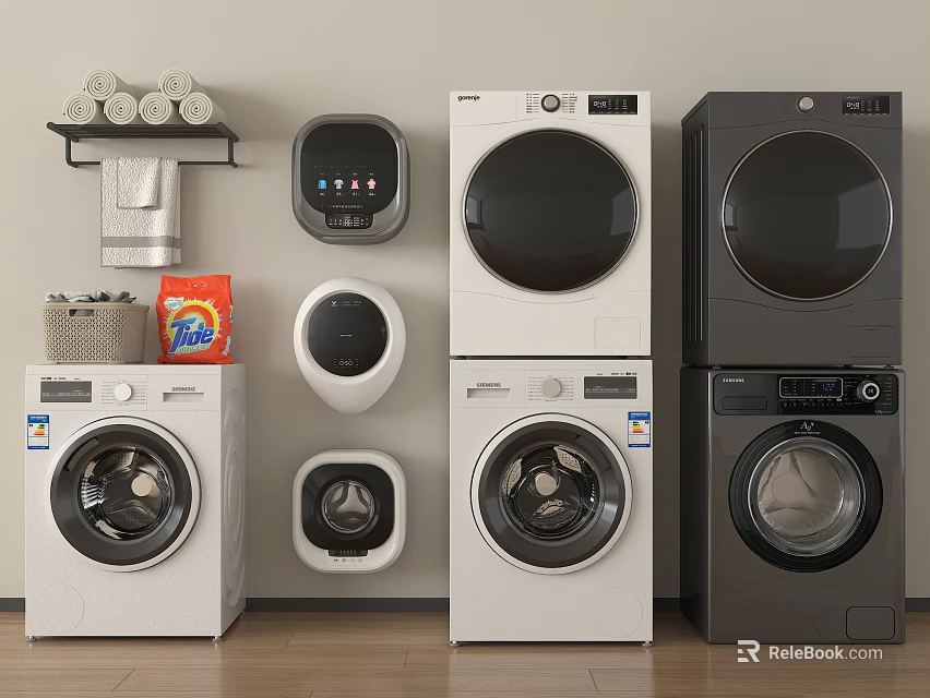 Various Front Loading Washing Machines White And Black With Stacked Dryers Laundry Detergent And Accessories 3d model 