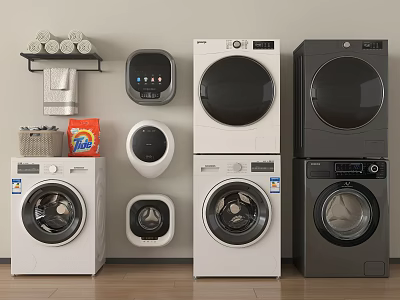 Various Front Loading Washing Machines White And Black With Stacked Dryers Laundry Detergent And Accessories 3d model
