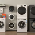 Various Front Loading Washing Machines White And Black With Stacked Dryers Laundry Detergent And Accessories