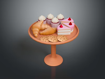 Pink Stand Tray With Assorted Desserts Including Cupcakes Croissants Cake Slices And Cookies 3d model