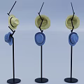 Straw And Blue Hats Displayed On Multiple Black Metal Hat Stands 3d model