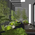 Lush Courtyard Garden With Bamboo Ferns Wooden Deck Round Lanterns And Gravel Path