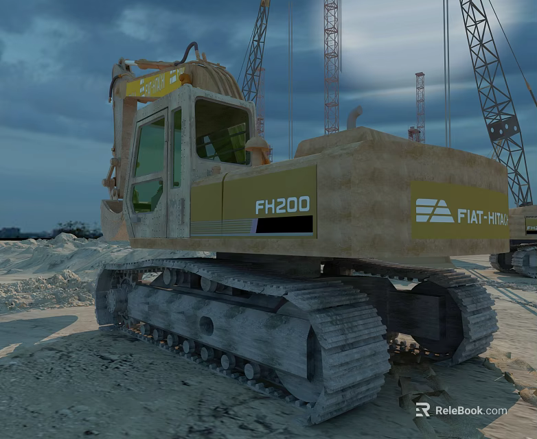 FIAT ALLIS FH200 Crawler Type Excavator Operating At Construction Site With Cranes And Sand 3d model 