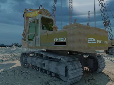 FIAT ALLIS FH200 Crawler Type Excavator Operating At Construction Site With Cranes And Sand 3d model