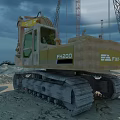 FIAT ALLIS FH200 Crawler Type Excavator Operating At Construction Site With Cranes And Sand
