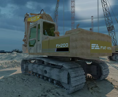FIAT ALLIS FH200 Crawler Type Excavator Operating At Construction Site With Cranes And Sand 3d model