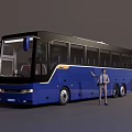 Blue City Bus With Person Standing Next To Pointing At Vehicle