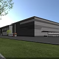 Large Modern Industrial Factory Building Exterior With Metal Glass Facade Trucks Green Lawn And Trees