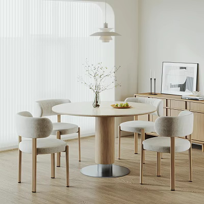 Modern Restaurant Dining Space With Round Table Light Chairs Flower Vase And Fruit Plate 3d model