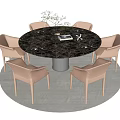 Elegant Round Dining Table Set With Marble Top Black Base And Six Light Brown Chairs 3d model
