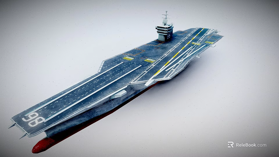 Fighter Jet On Modern Aircraft Carrier Flight Deck With Runway And Control Tower 3d model 