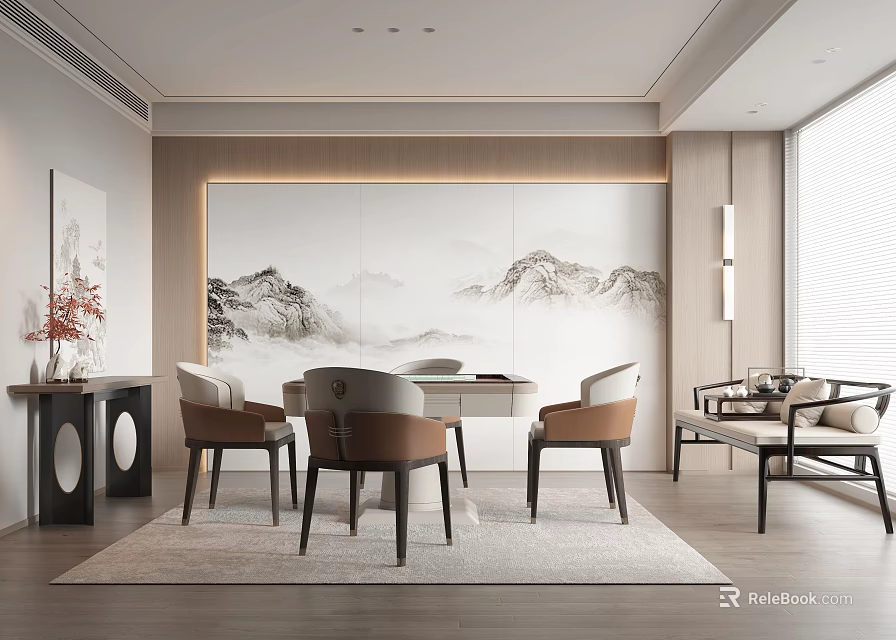 Elegant Hotel Mahjong Room Interior With Landscape Painting Backdrop And Comfortable Chairs 3d model 