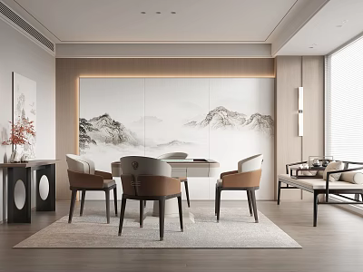 Elegant Hotel Mahjong Room Interior With Landscape Painting Backdrop And Comfortable Chairs 3d model