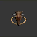 Taxidermy Deer Head Mount With Golden Antlers On Brown Plaque Dark Background