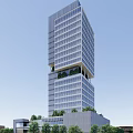 Modern High Rise Office Building With Glass Curtain Wall And Greenery Surrounding Trees And Lawn