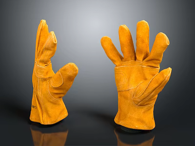 Pair of Yellow Leather Work Gloves Featuring Stitching Details On Dark Background 3d model